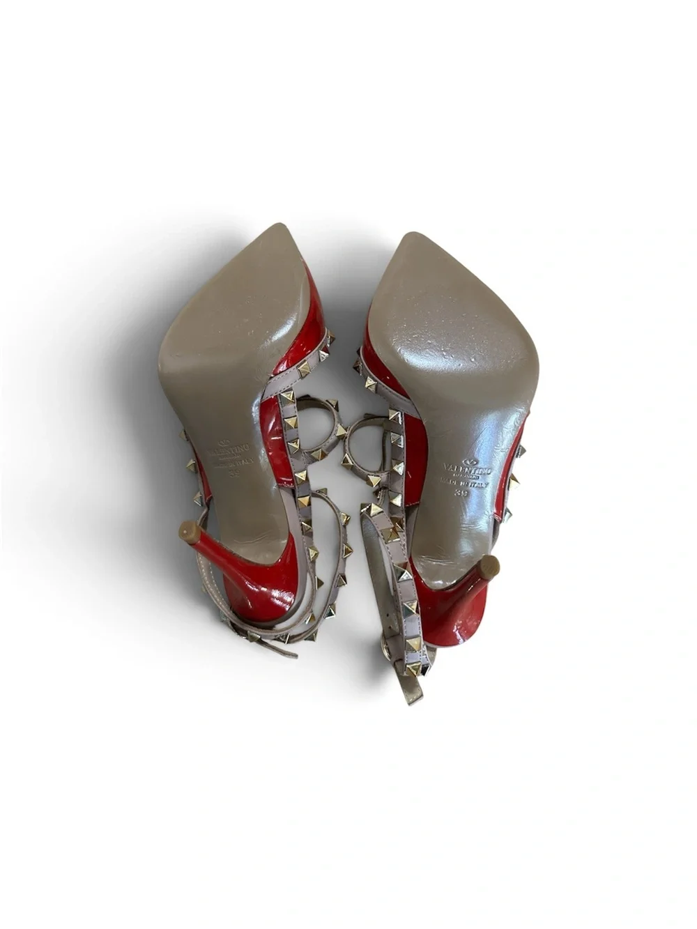women’s Valentino Red Pointed-Toe Rockstud T-Strap Heels with Beige straps